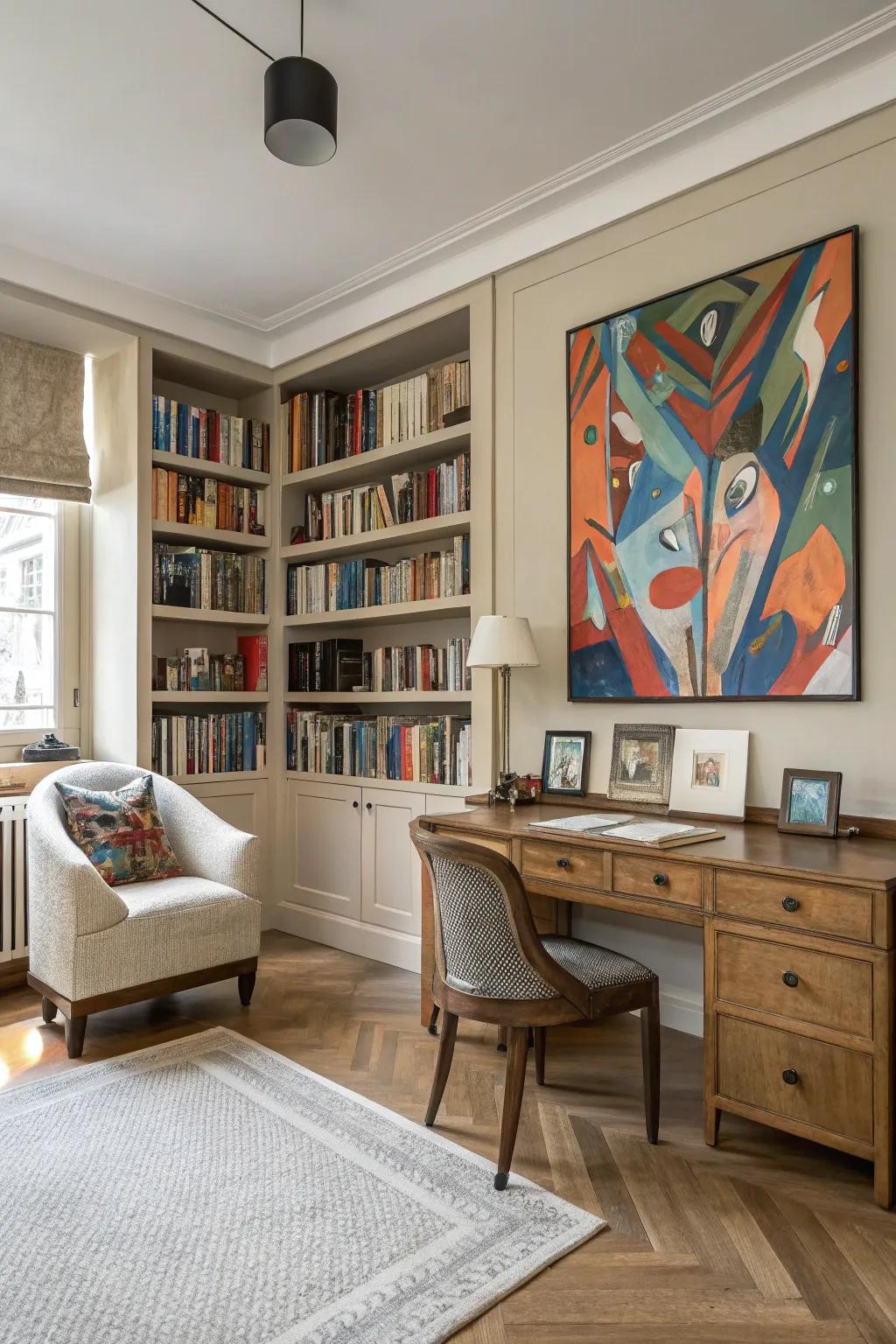 Personalized study room adorned with art that stimulates creativity.
