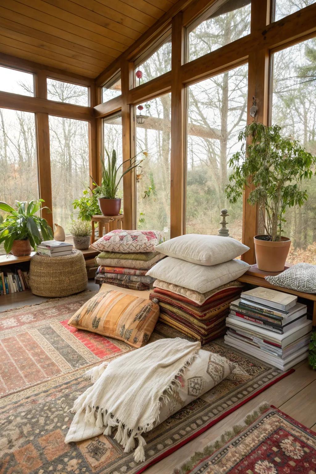 Layered rugs add texture and warmth to this modern sunroom.