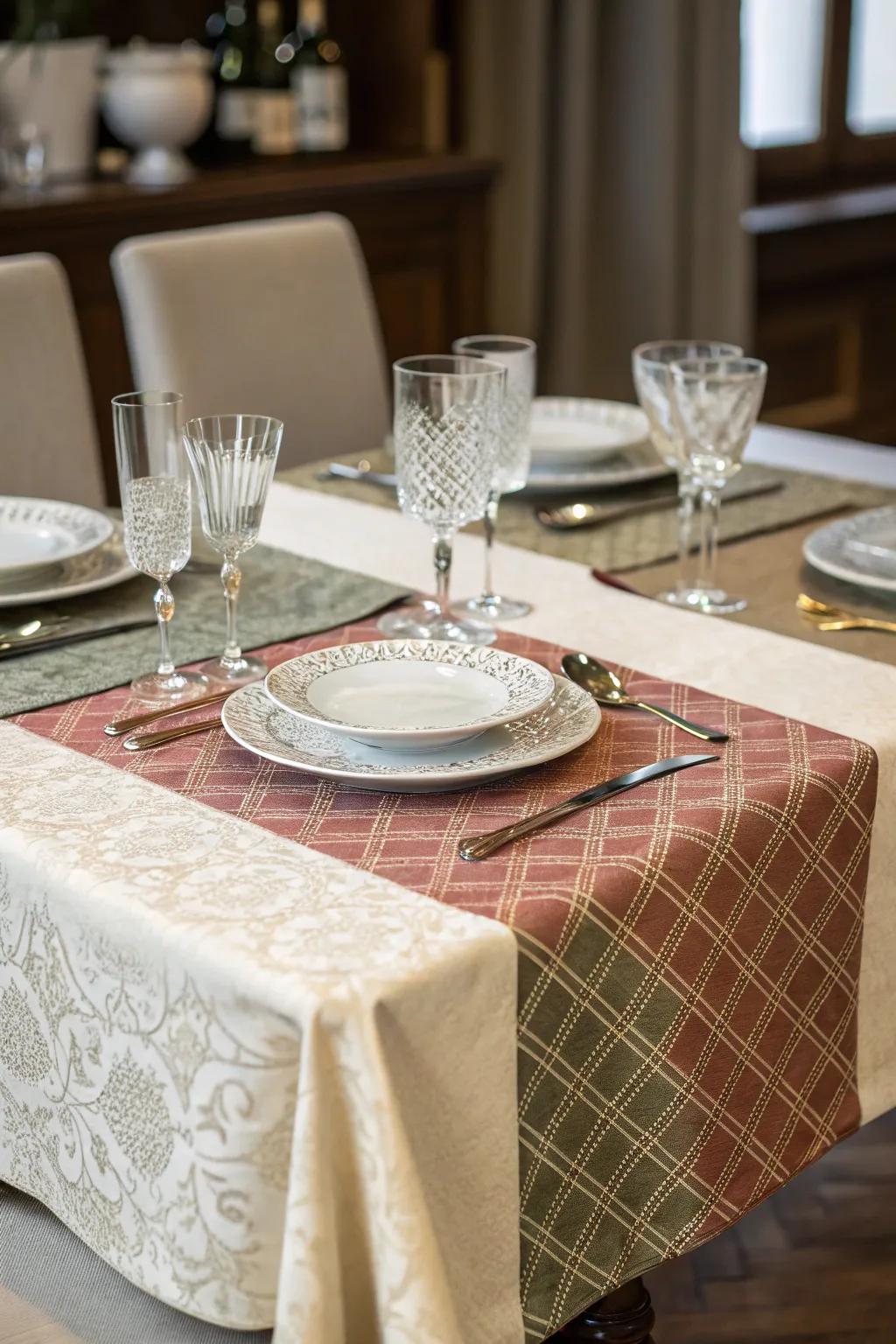 Two-tone textures add depth and comparison to the dining table.