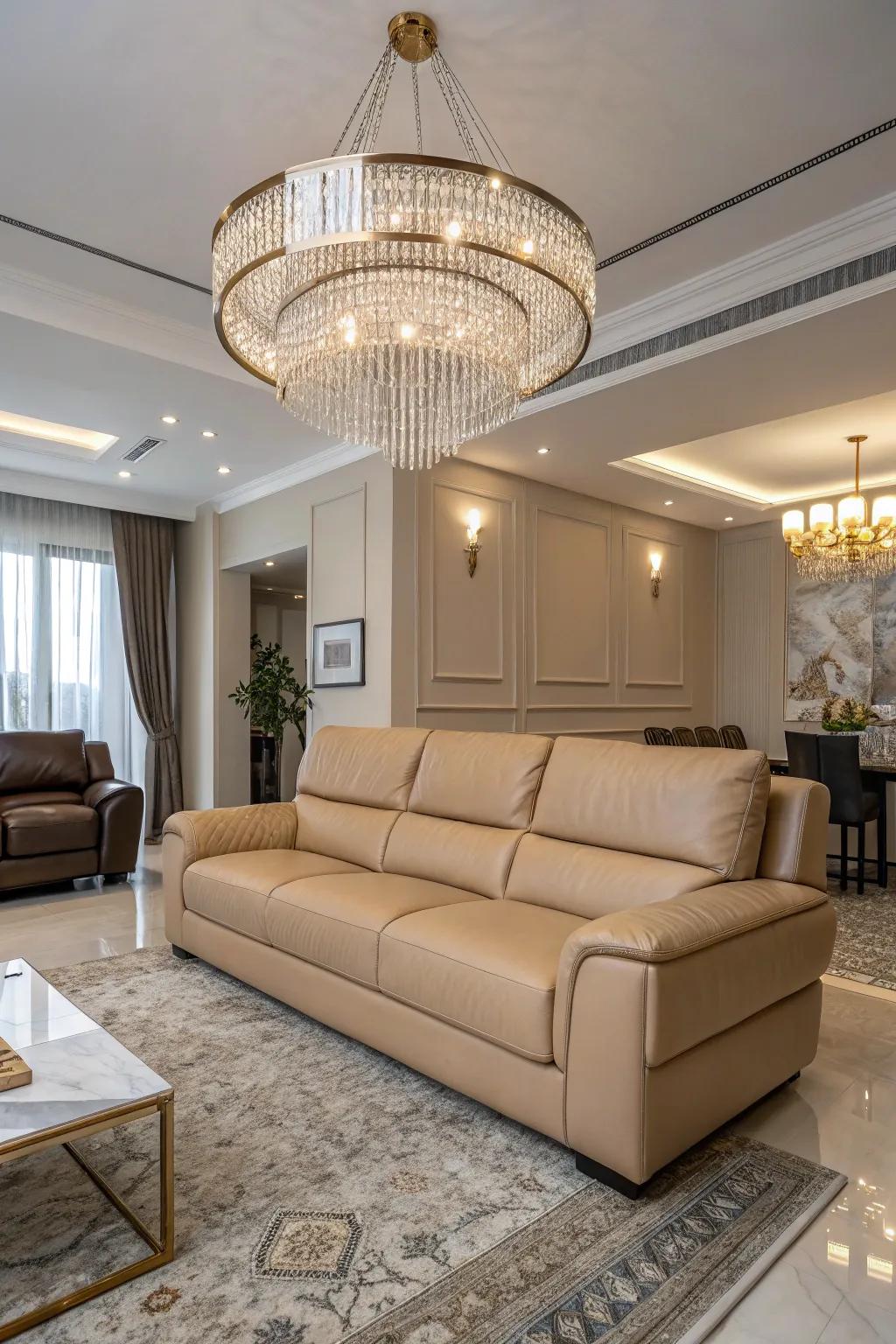 Notable lighting highlights the beauty of a tawny hide couch.