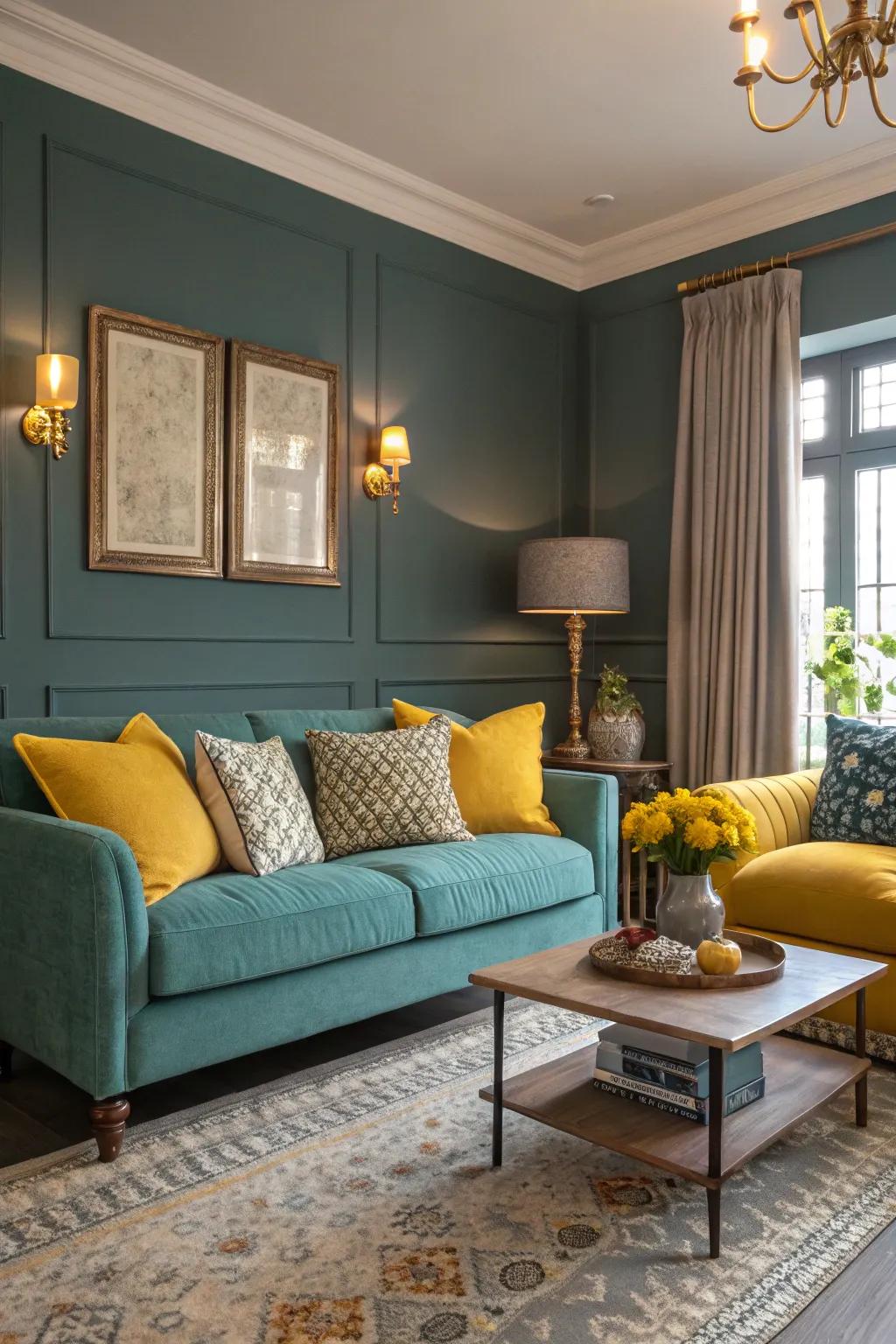 Daffodil touches add vibrancy to a sea-green and gray living room.