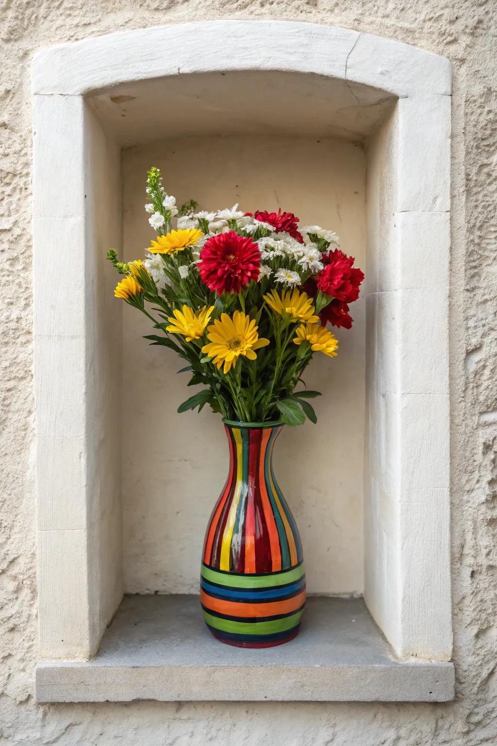 A wall niche featuring a bold, colorful vase as a statement piece.