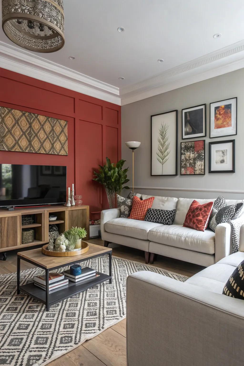 A striking highlight wall becomes the focal point in a living room.