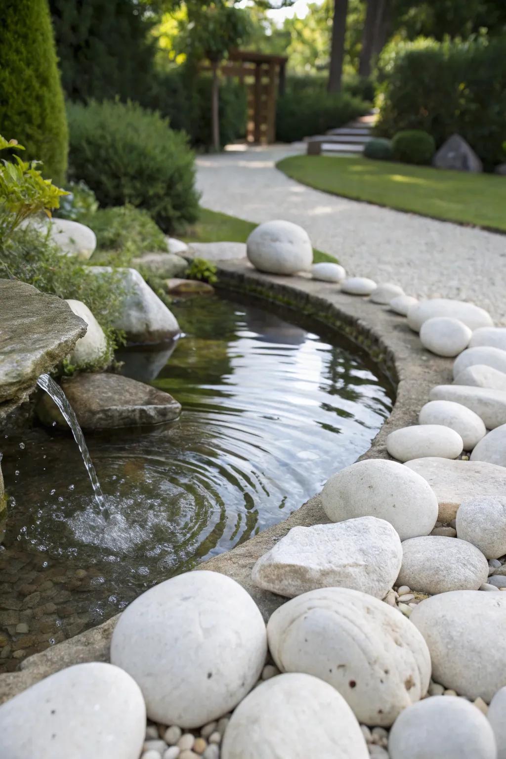 A tranquil water feature surrounded by white stones, creating a serene garden nook.