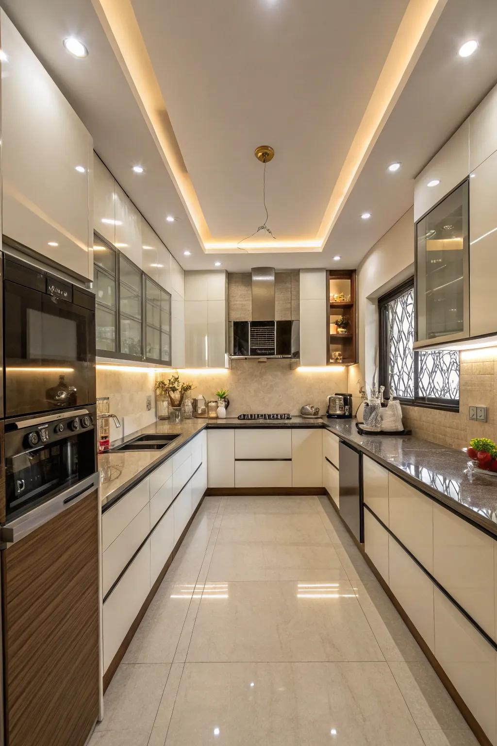 Embrace generous space and usefulness through a U-shaped kitchen configuration.