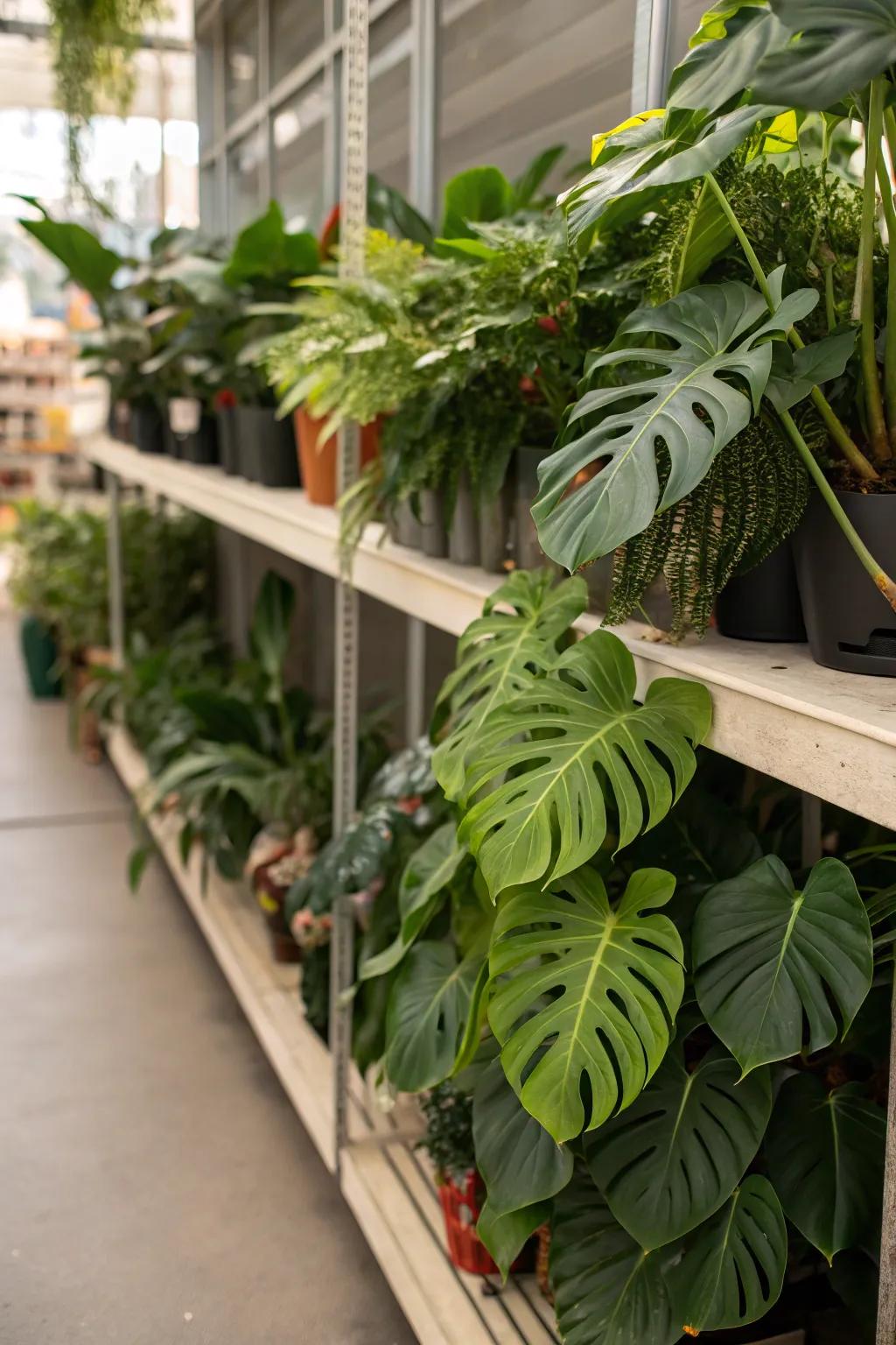 A vibrant botanical display on a shelf showcasing split-leaf philodendron fronds.
