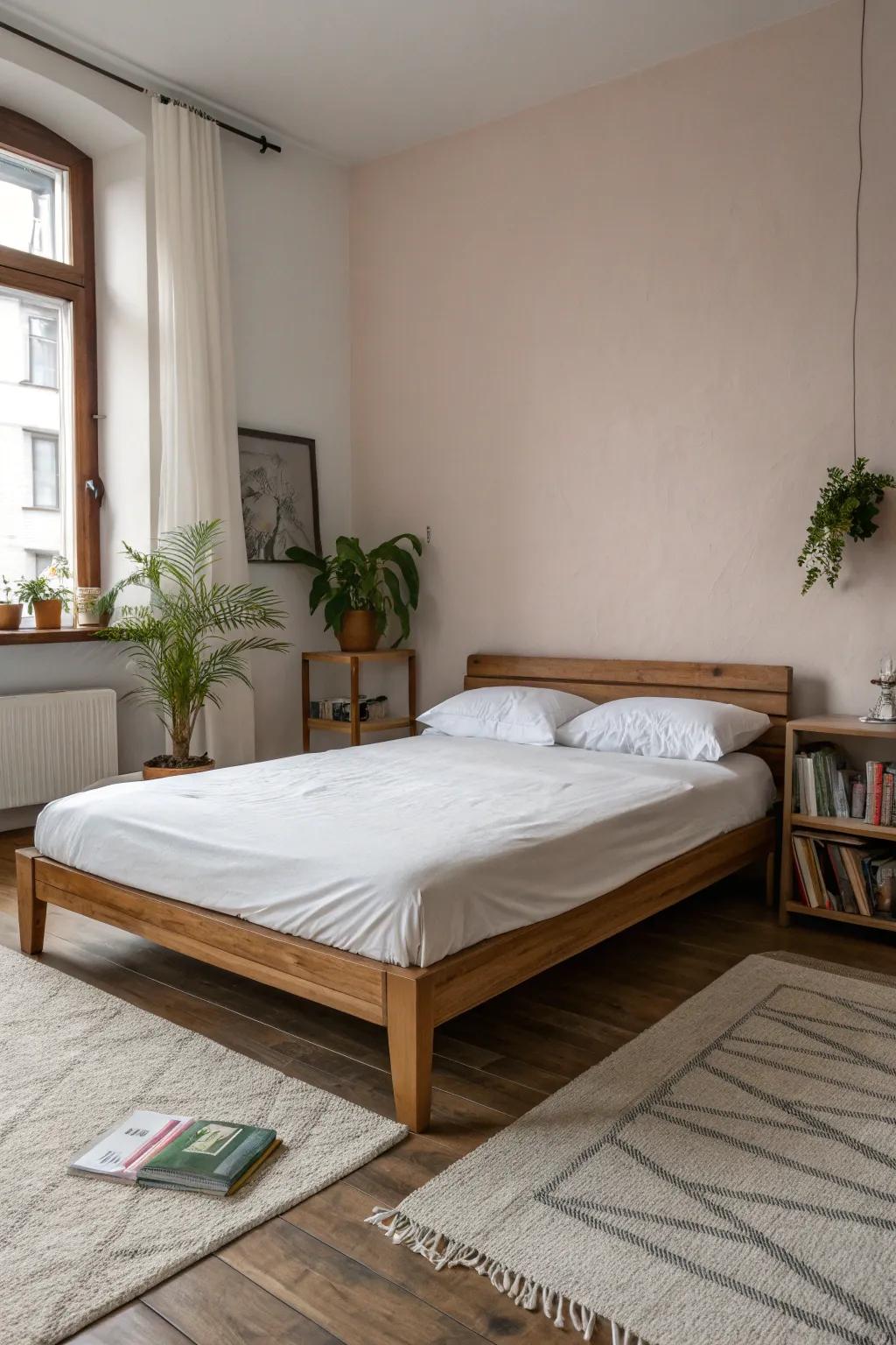 A bedroom with simple furniture and simple decorations.