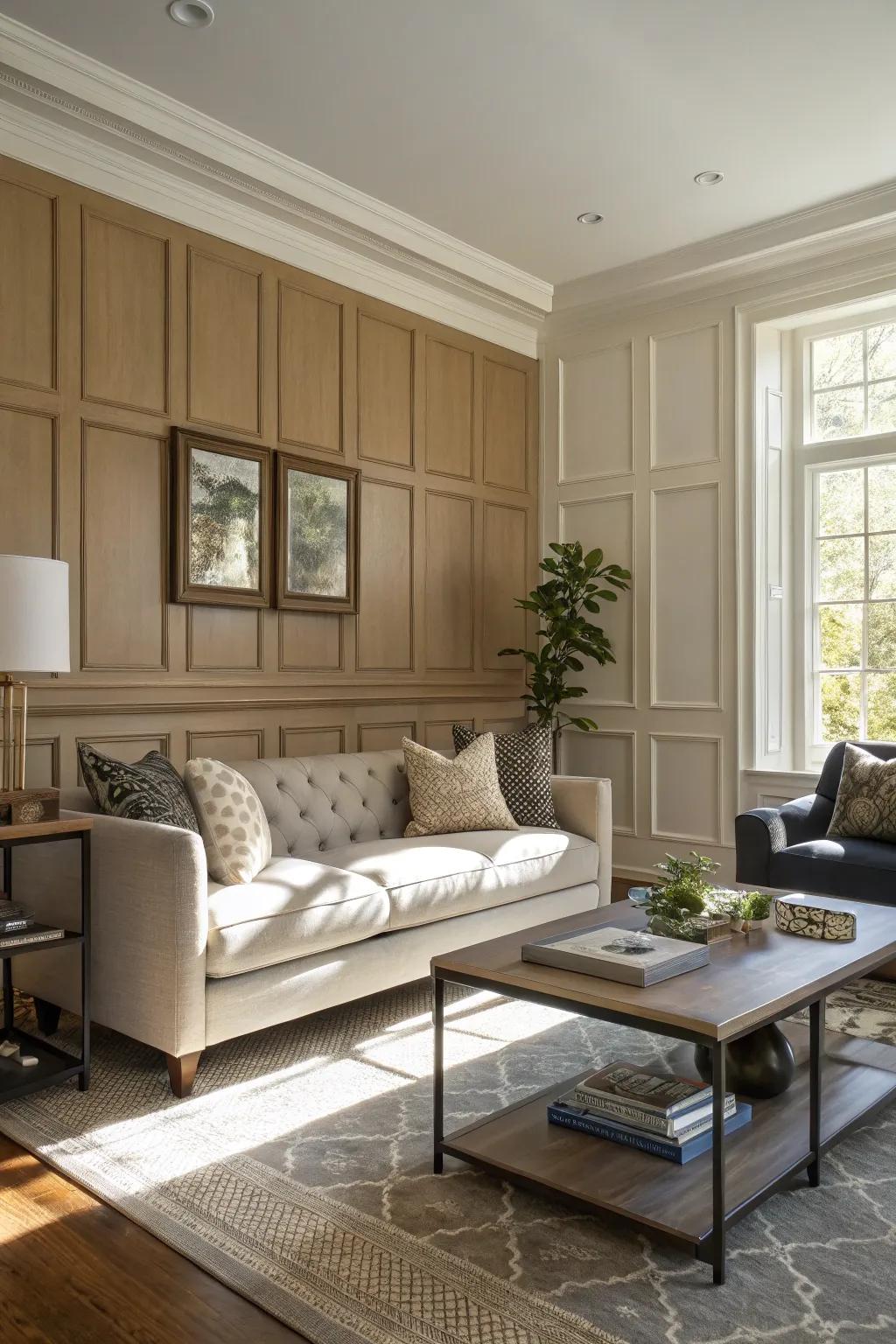 Traditional meets modern in a shadowy living area.