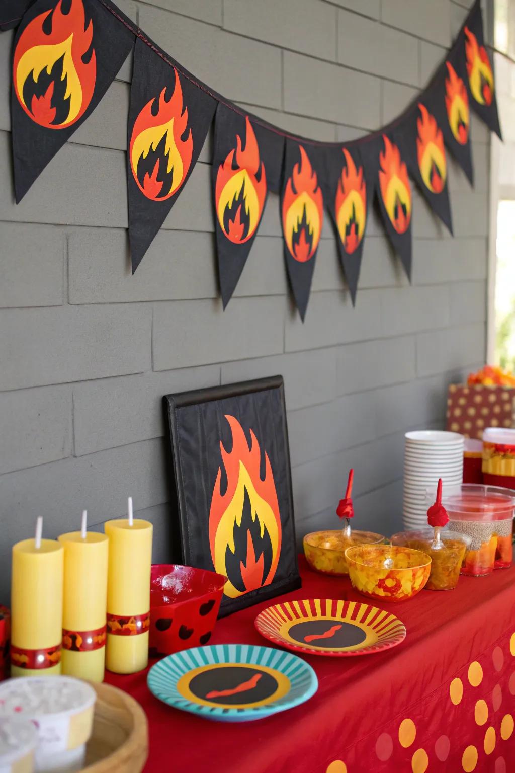 Fire-themed decorations create a special celebration.