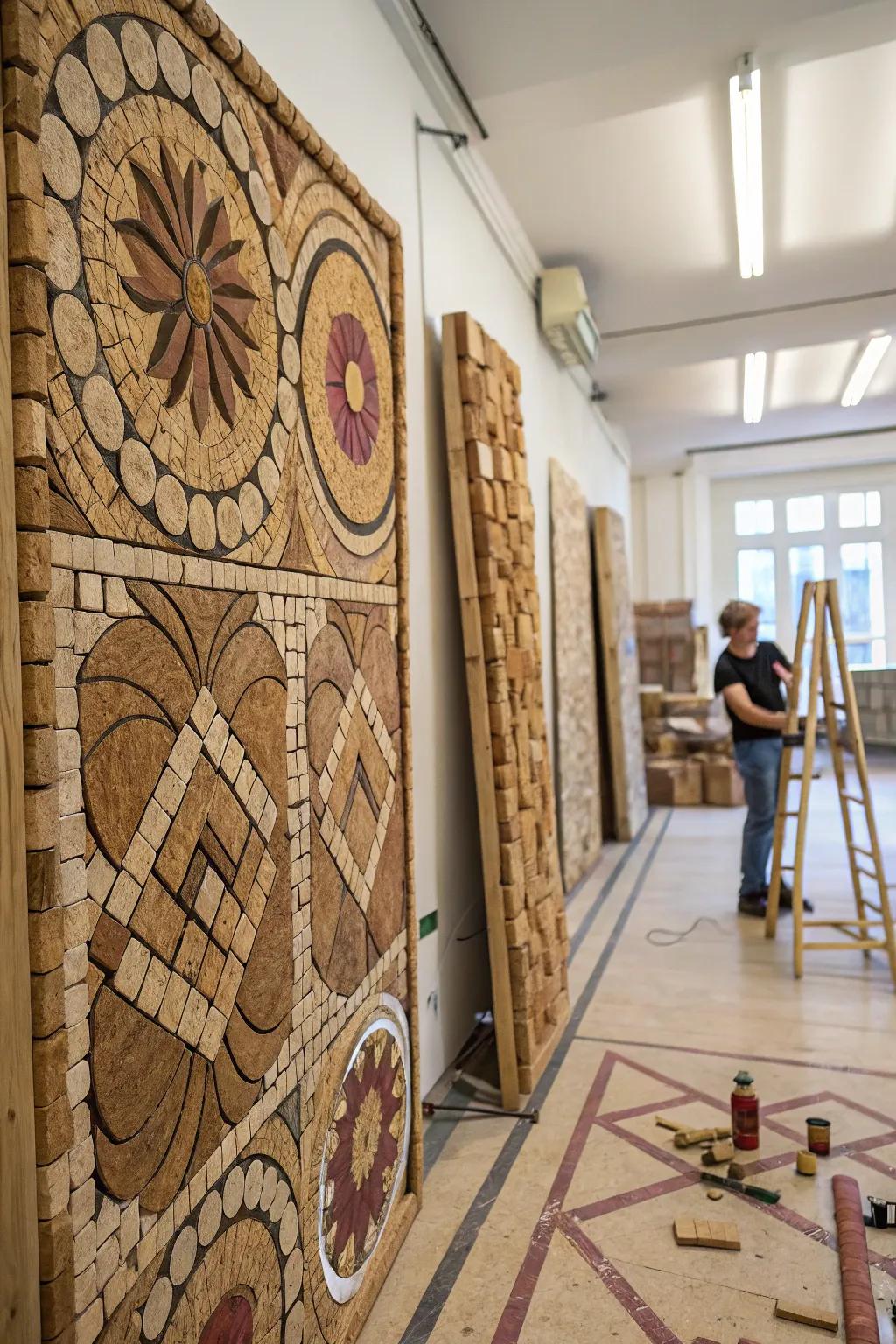 Cork mosaics offer sustainability with a unique texture.