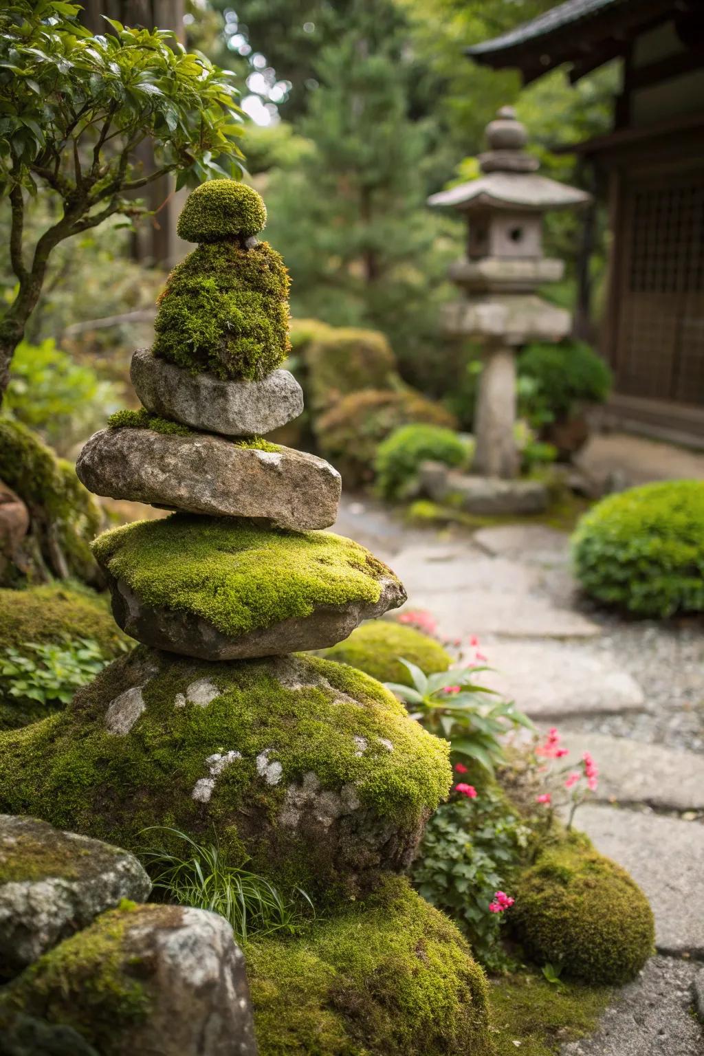 An eye-catching moss rock sculpture in the heart of the garden.