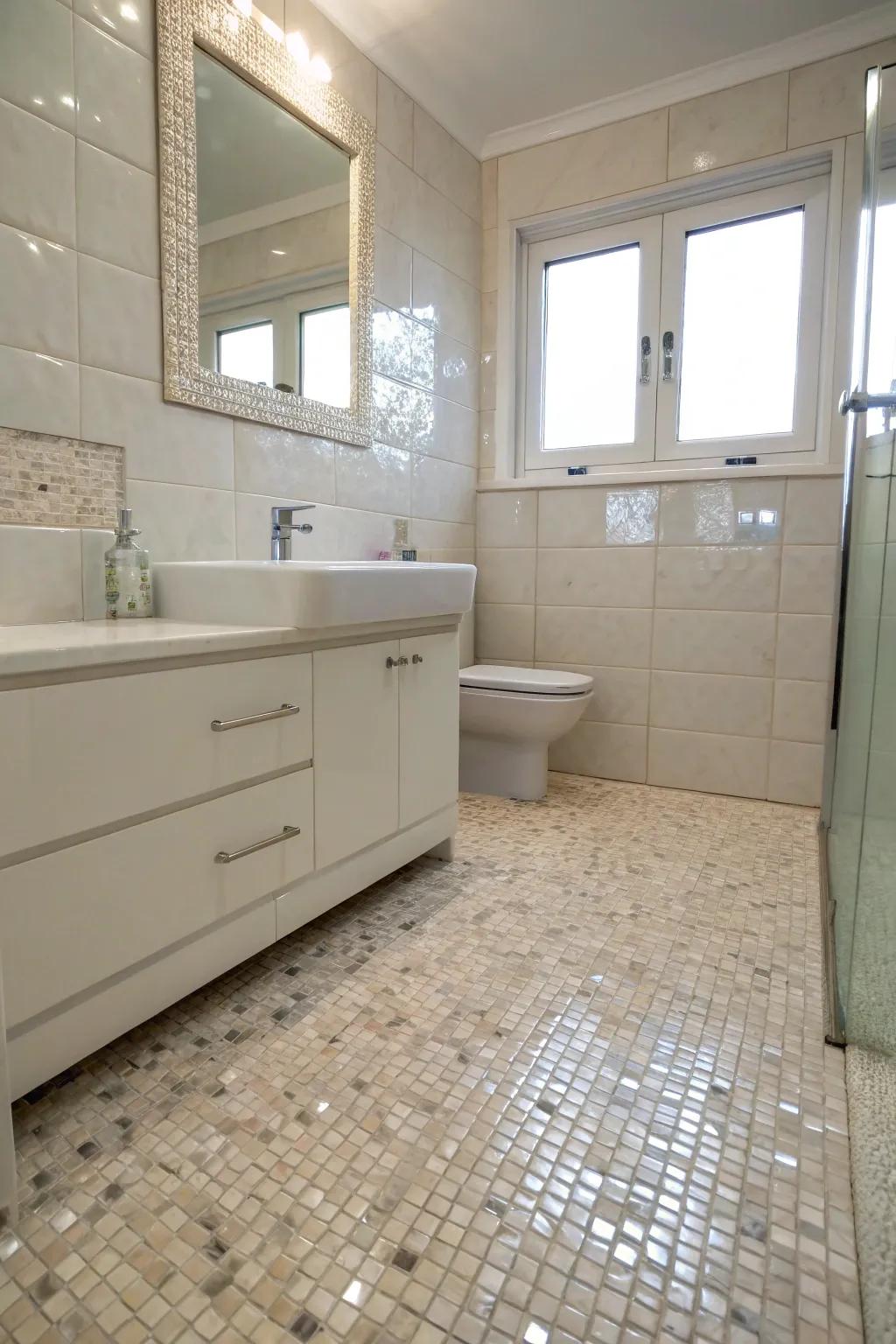 Nacre floor tiles offer a subtle sophistication and amplify light beautifully.