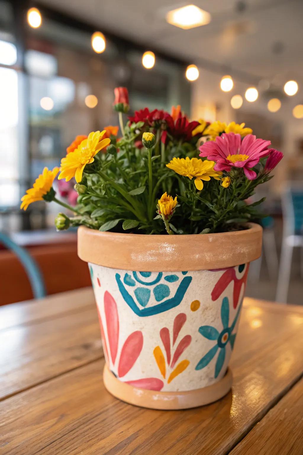 A vibrantly adorned earth clay pot that introduces a pop of color to any setting.