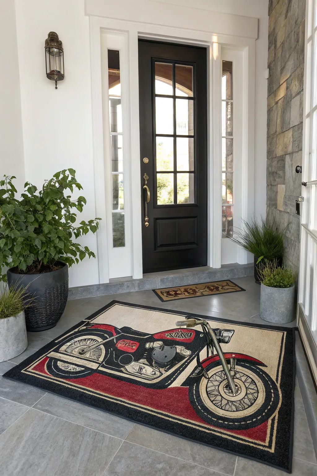 A custom bike rug adding flair to the entryway.