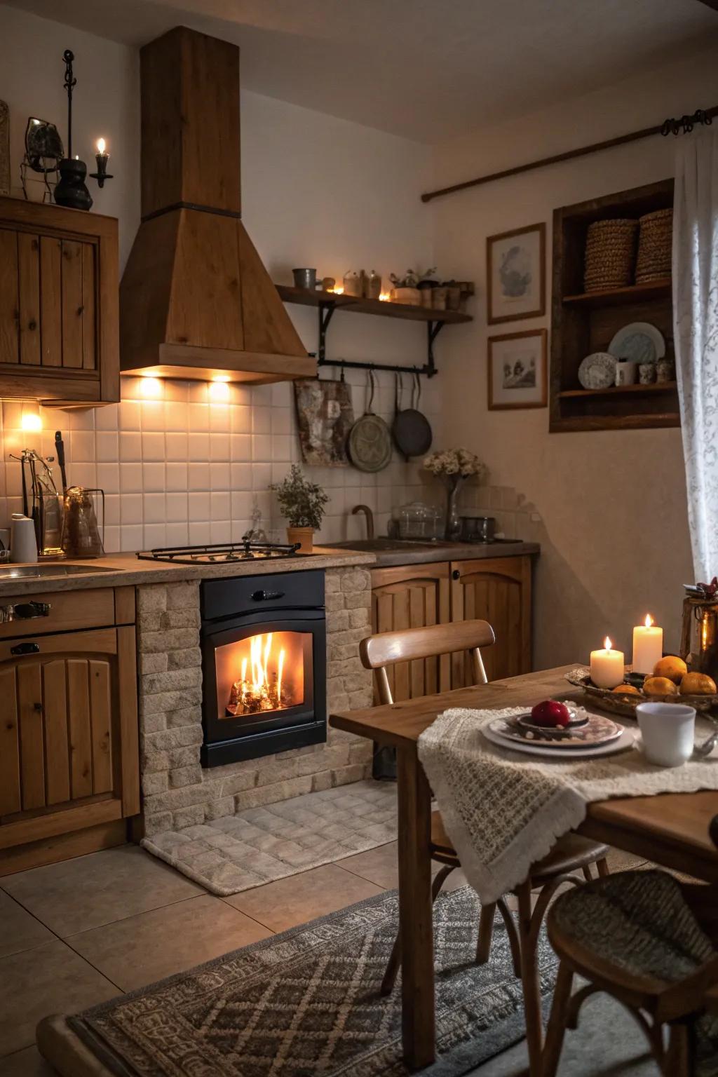 Cozy features like fireplaces add warmth and charm to mountain kitchens.
