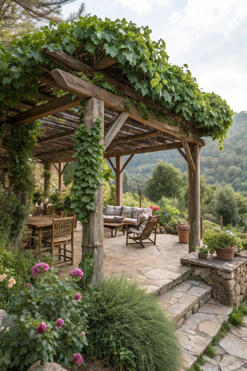 A rustic shelter offering shade and charm in a mountain garden.