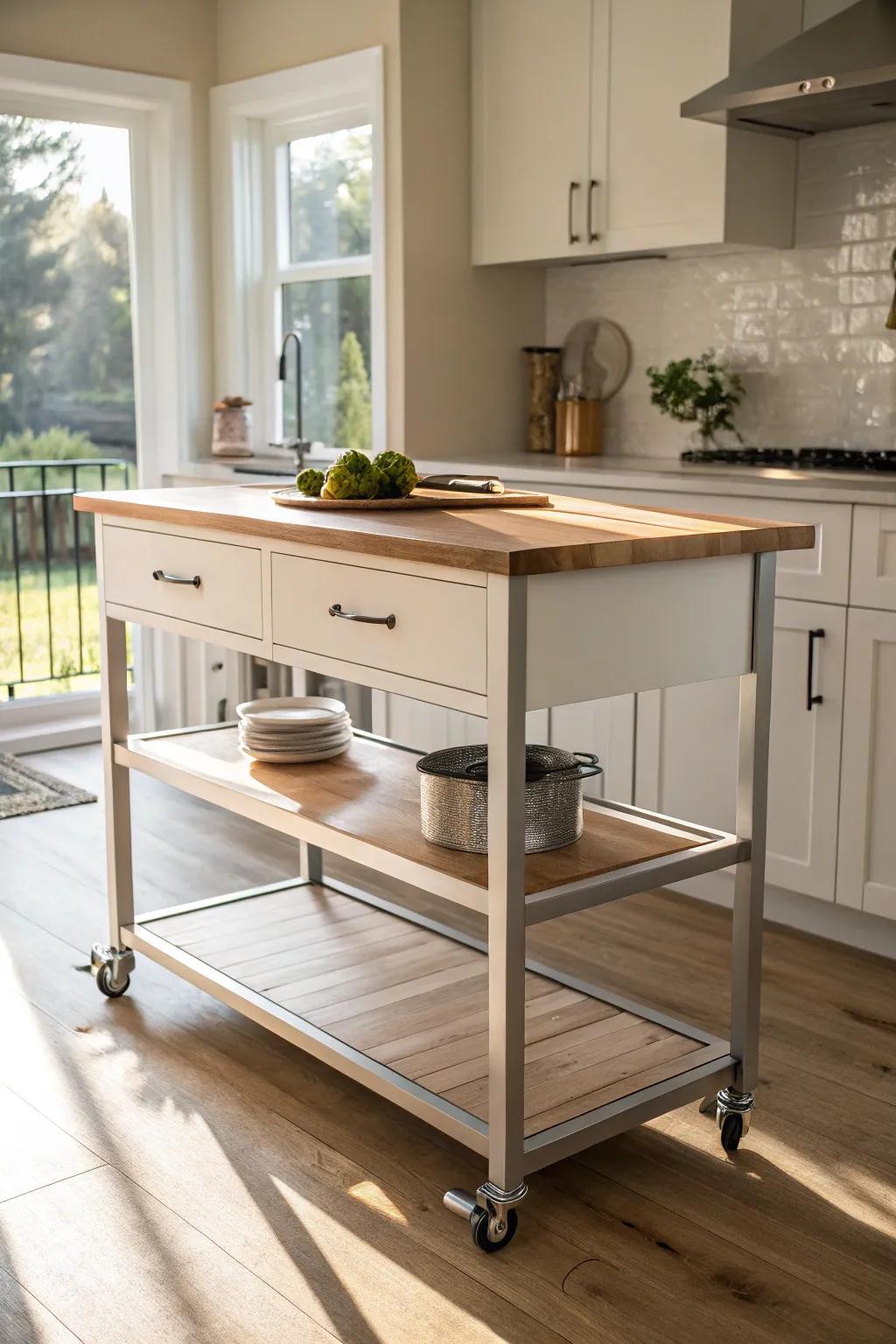 A classic kitchen island in soft colors