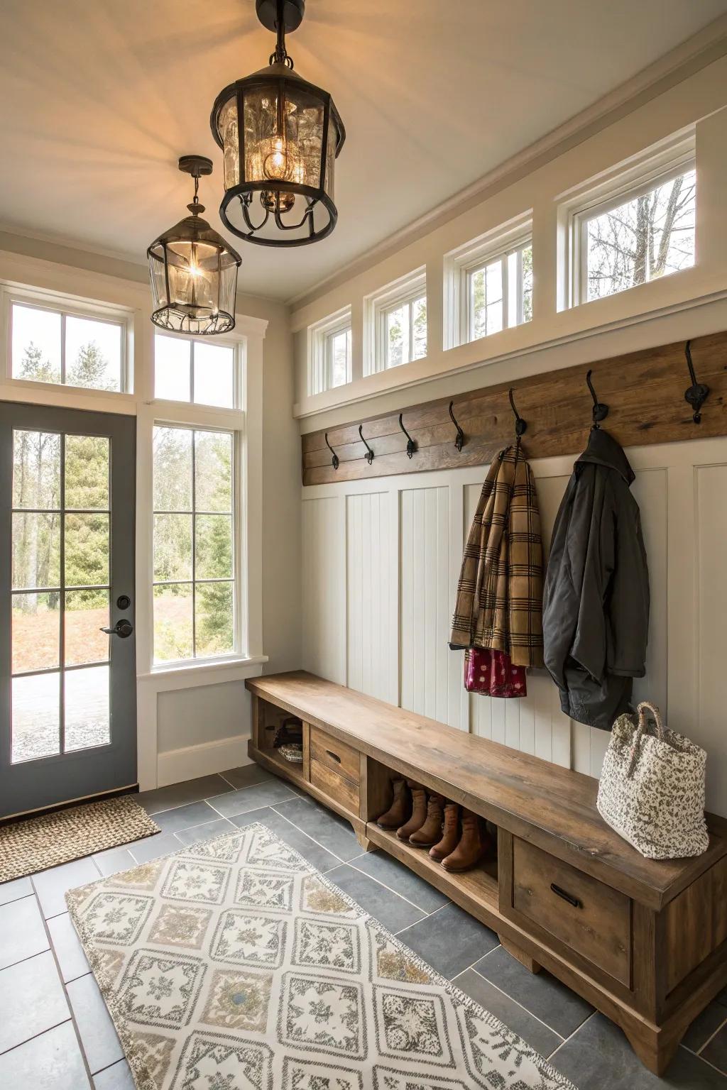 A mudroom is lit with natural light and stylish light fixtures, creating a welcoming mood.