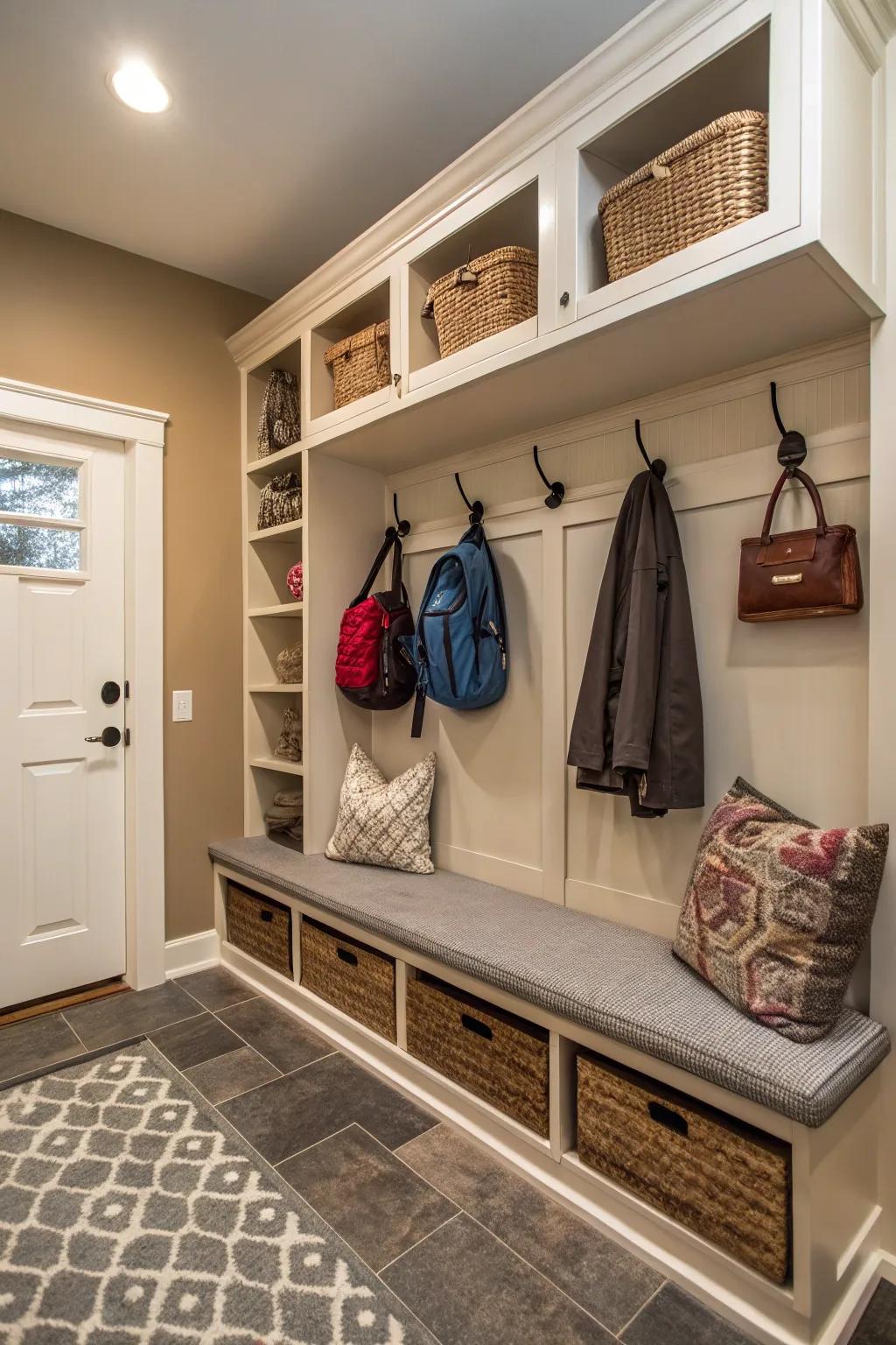 Mudroom presenting furniture with multiple uses featuring fasteners.
