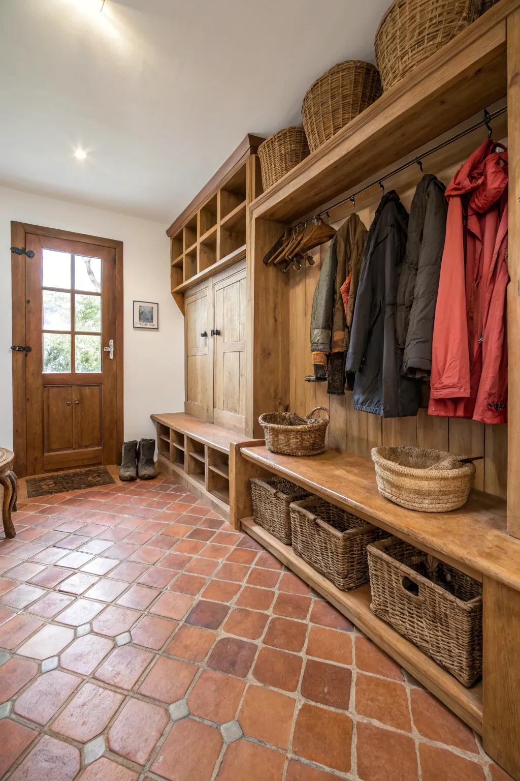 Your mudroom will have a rustic charm thanks to baked clay floor coverings.