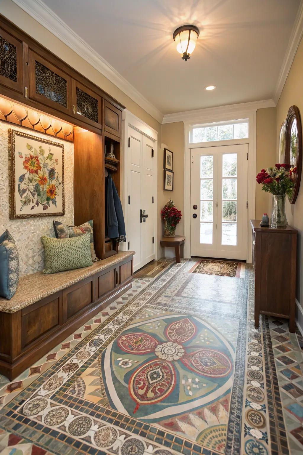 Elaborate small tile artwork producing a masterpiece in a mudroom