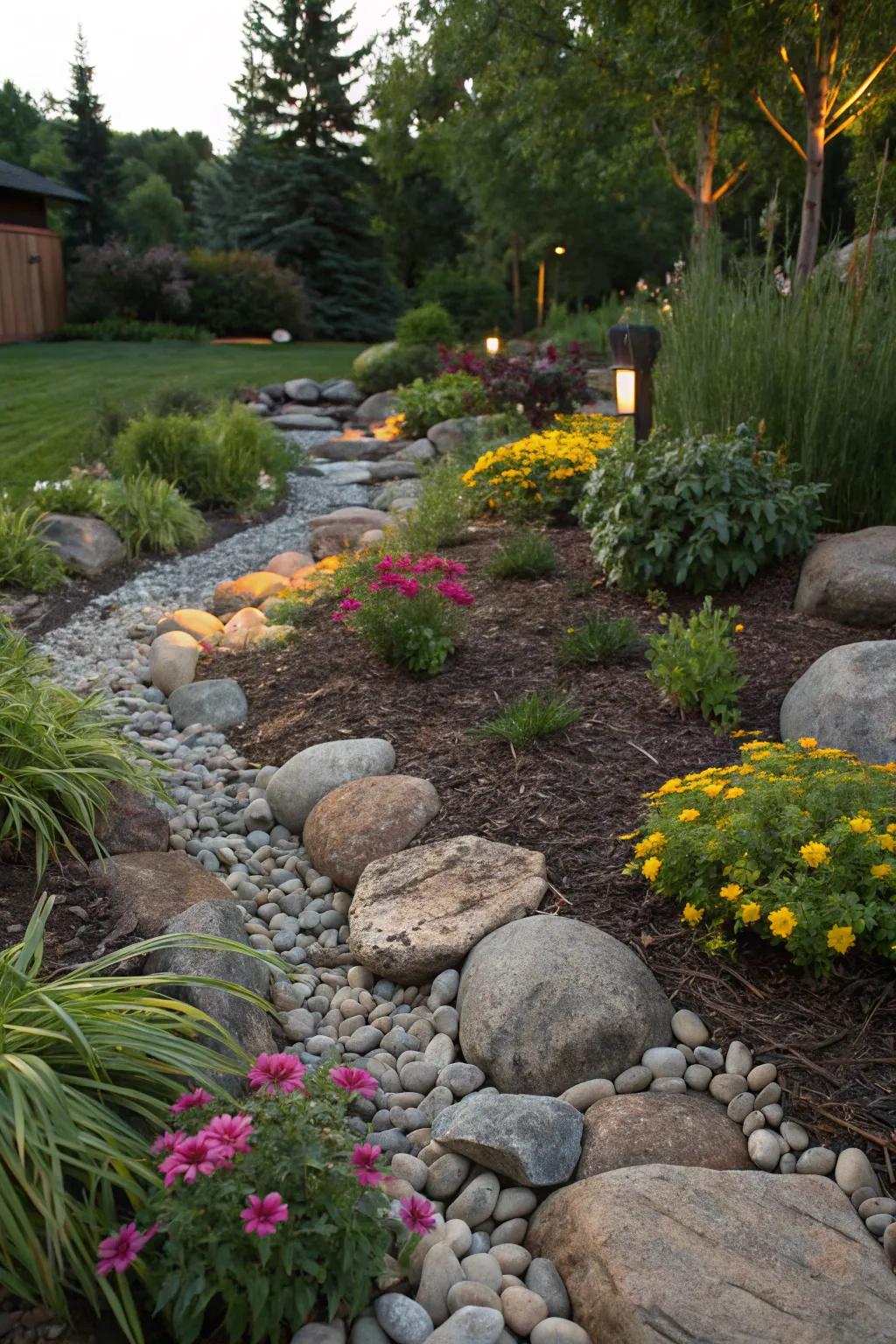 Inherent elements amplify the allure of the mulch perimeter.