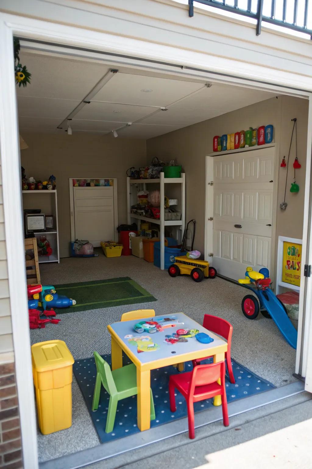 A kid-friendly play center arranged in a garage.