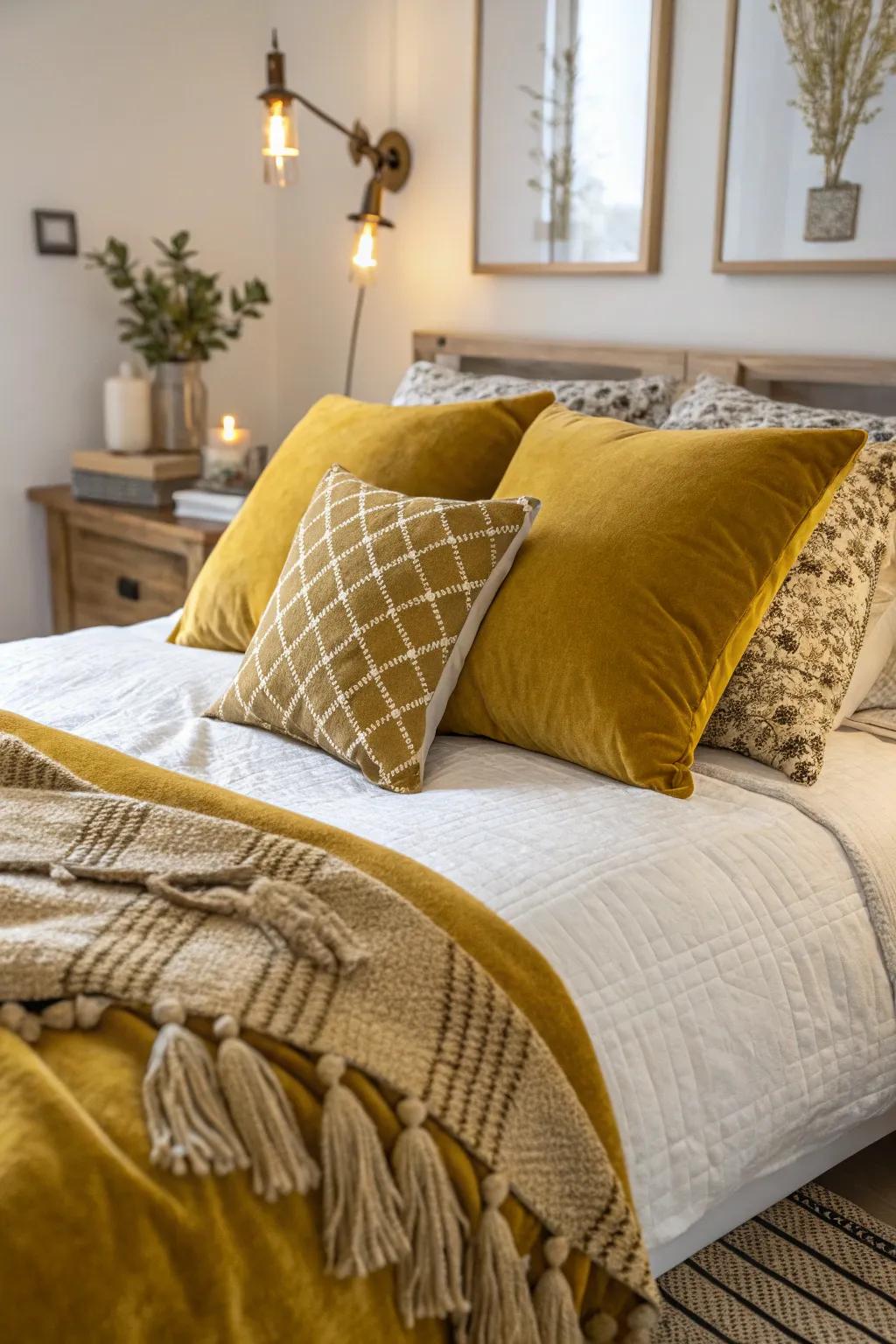 A bedroom using yellow velvet pillows and woven material throws.