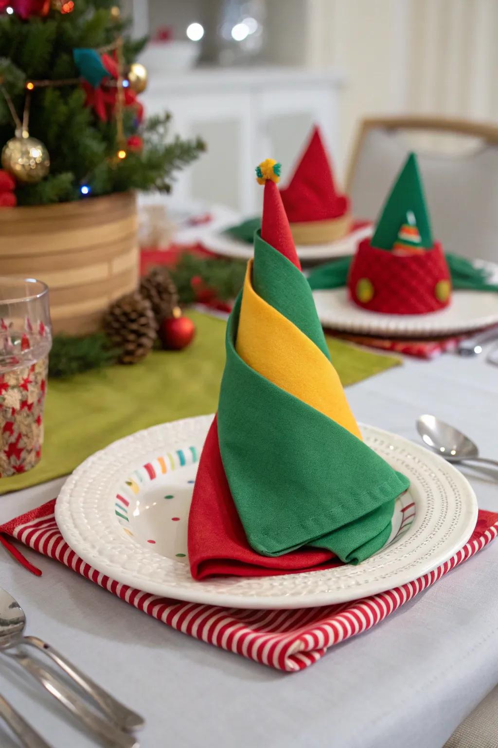 A quirky elf hat fold for the holiday season.
