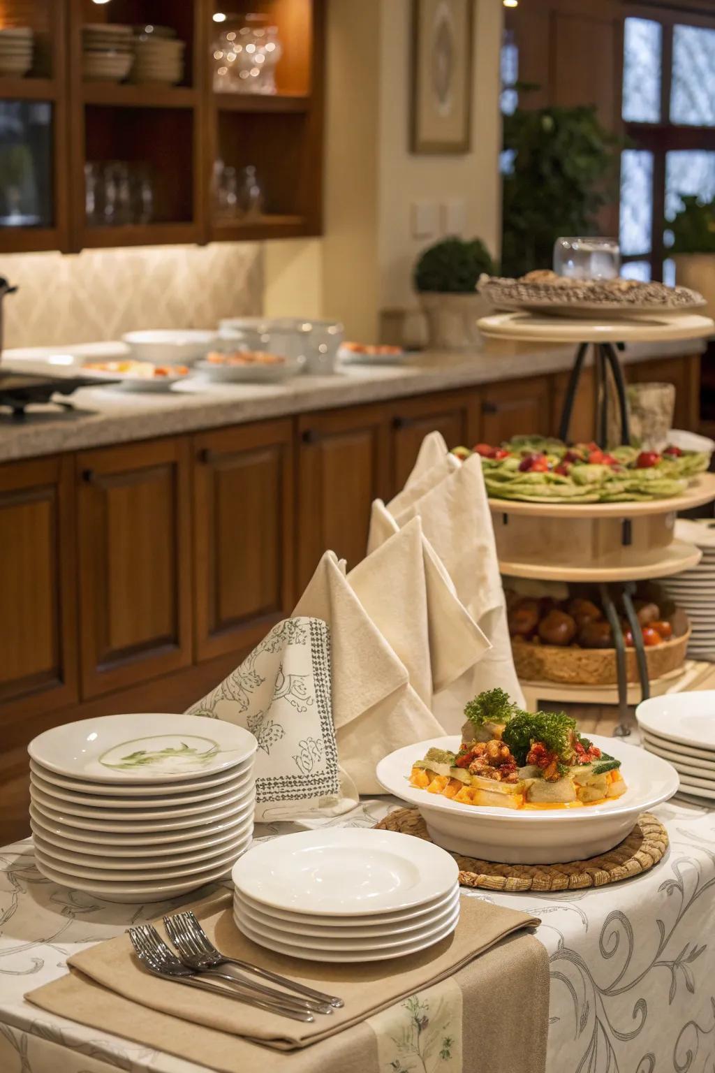Integrating dishware arrangements with napkin storage results in a stylish setup.