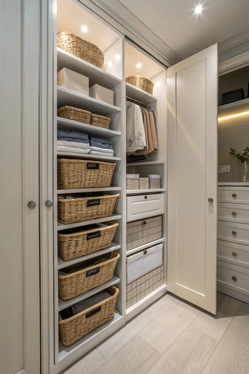 Sliding baskets and drawers in a slim cabinet for easy access.