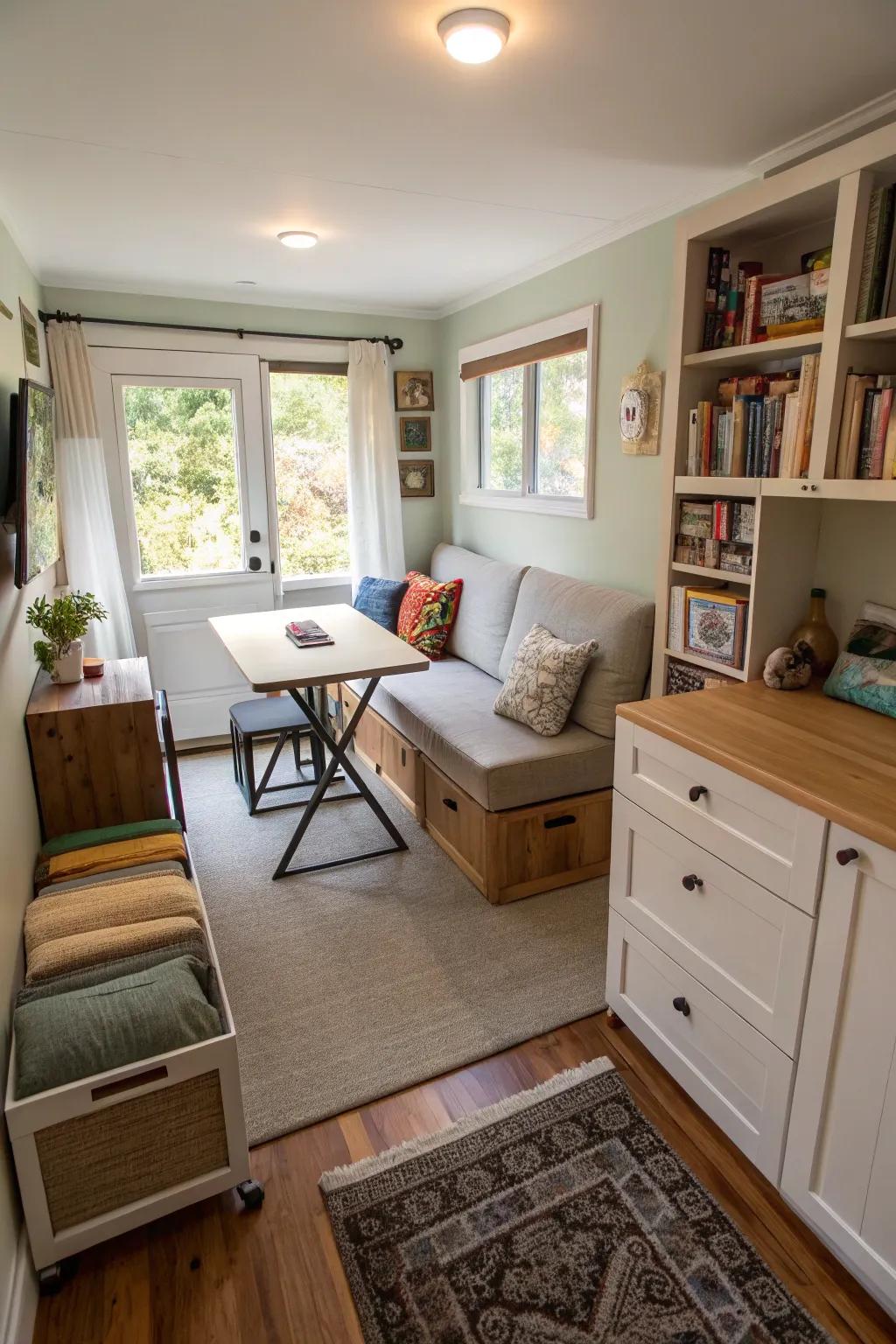 Multi-functional furnishings that optimize room within a slender living space.