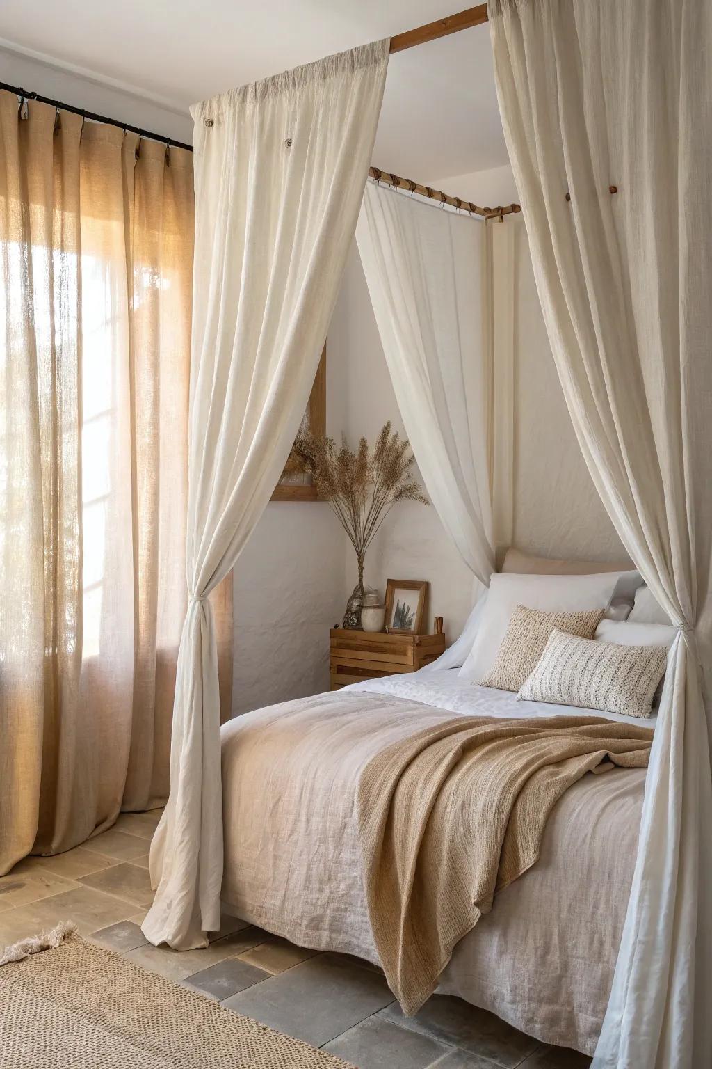 Natural materials like linen and cotton emphasize this bedroom’s theme.