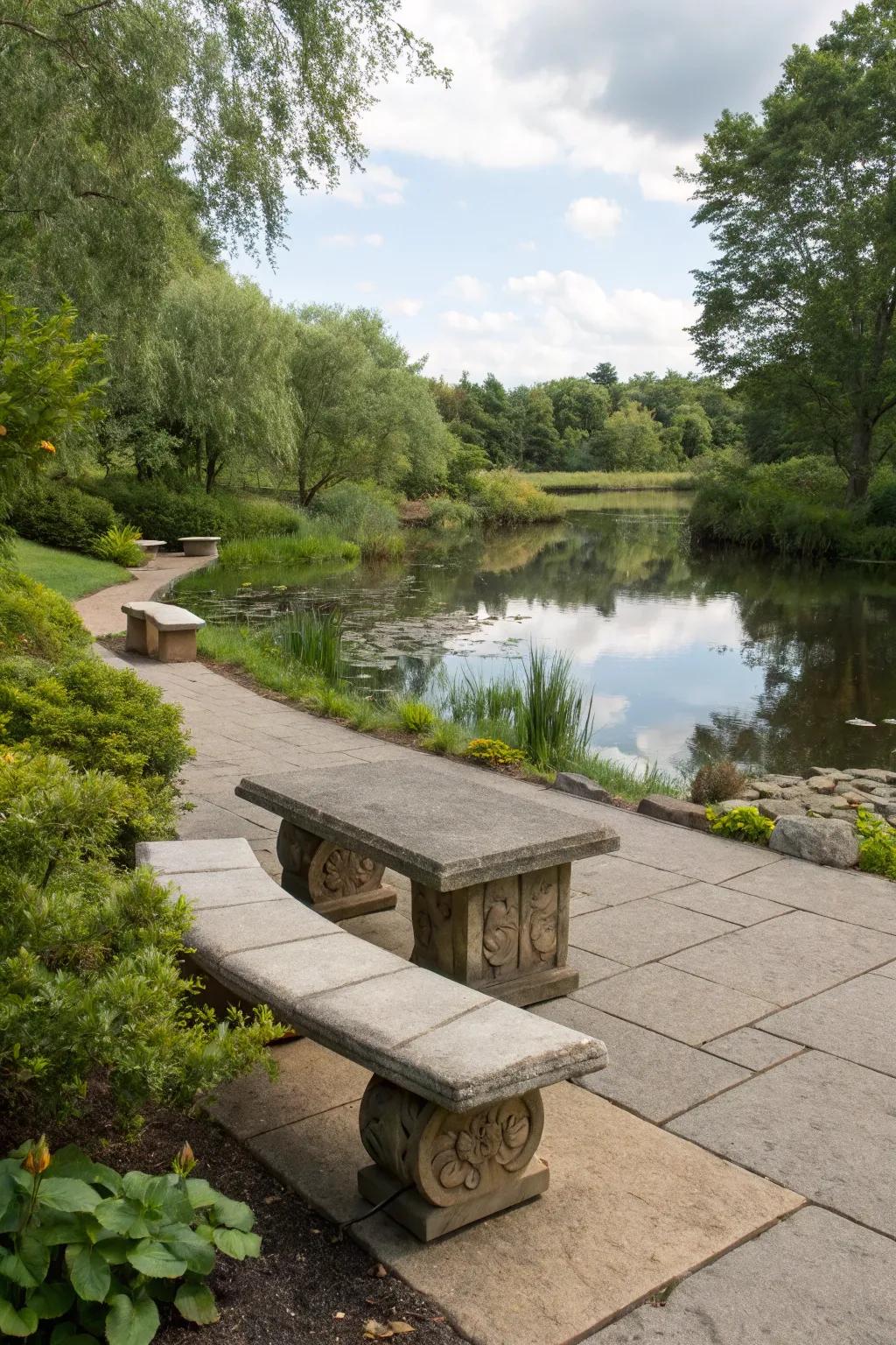 A serene seating area ideal for savoring the tranquil pond setting.