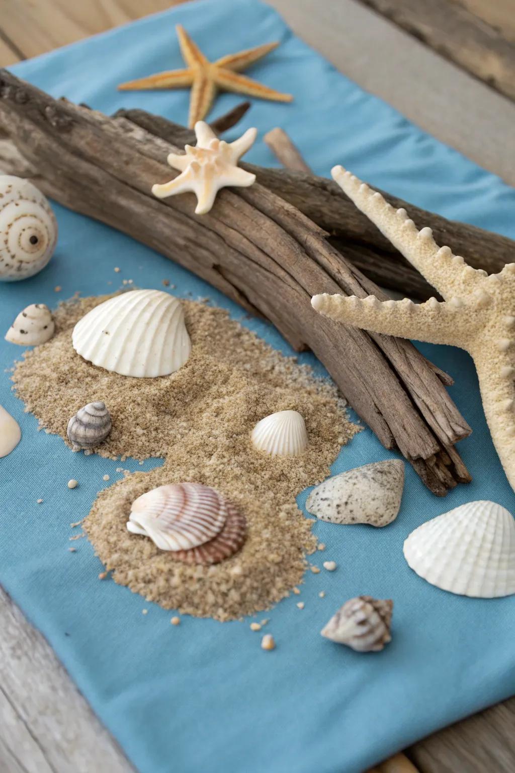 A beach-inspired collage utilizing shells and driftwood.