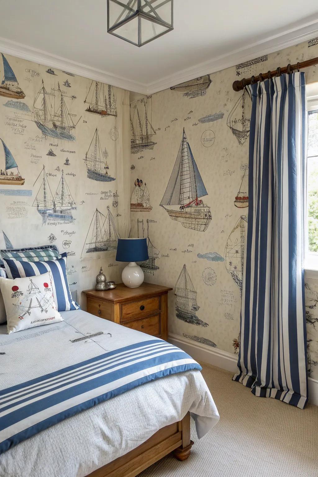 Maritime wallpaper produces an eye-catching central point.