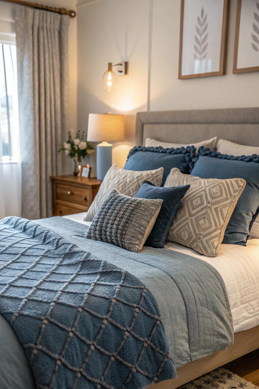Ocean blue accent cushions introduce a vibrant burst of color, enlivening this serene grey bedroom.
