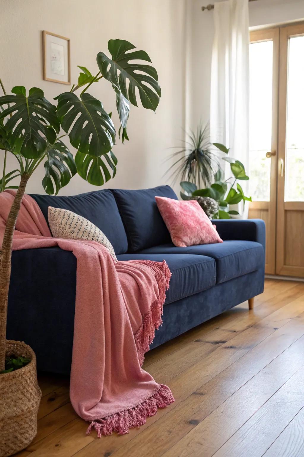 Greenery contributes a refreshing contrast to the navy and pink decor.