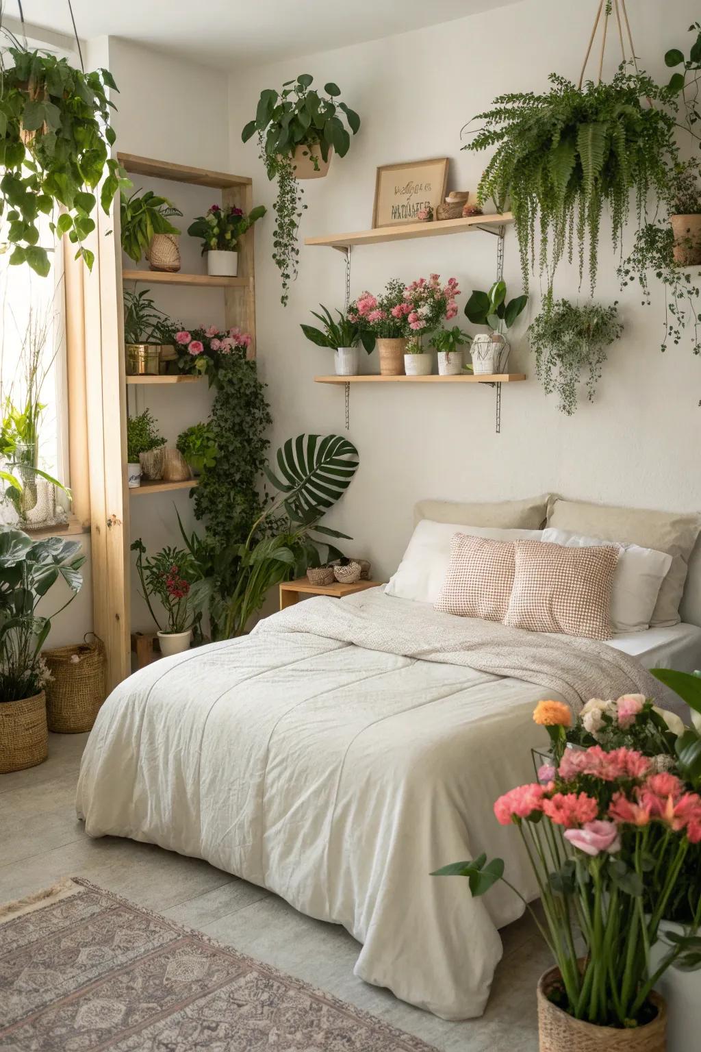 Plants add a refreshing and vibrant touch to the bedroom.