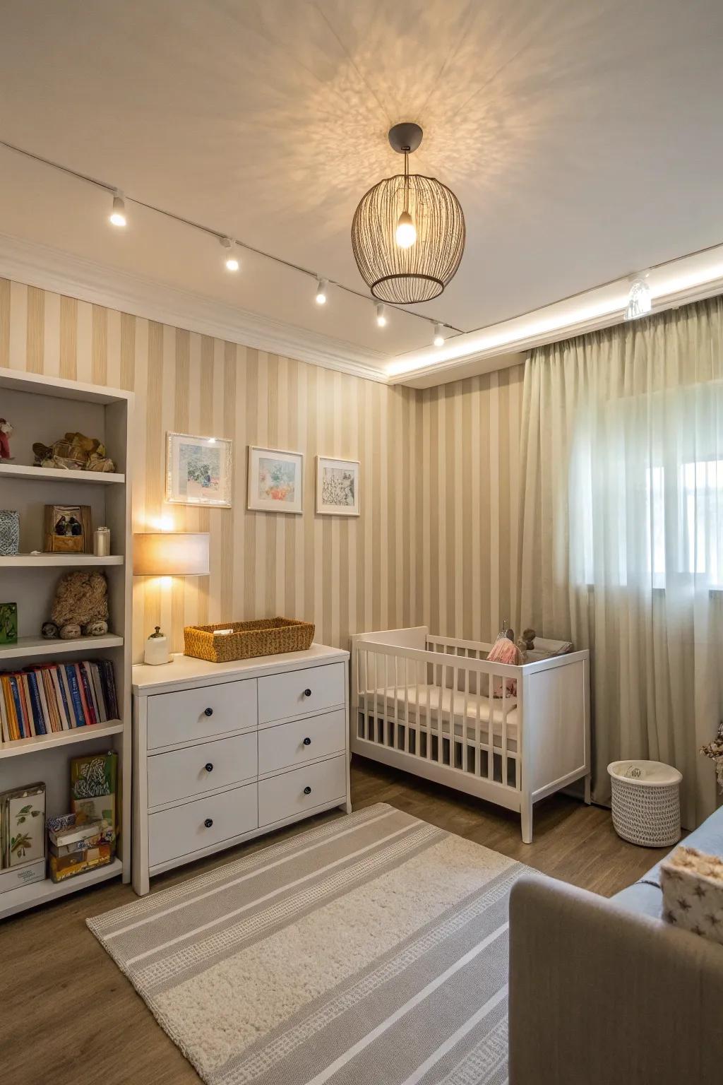 A nursery with subtle striped accents.