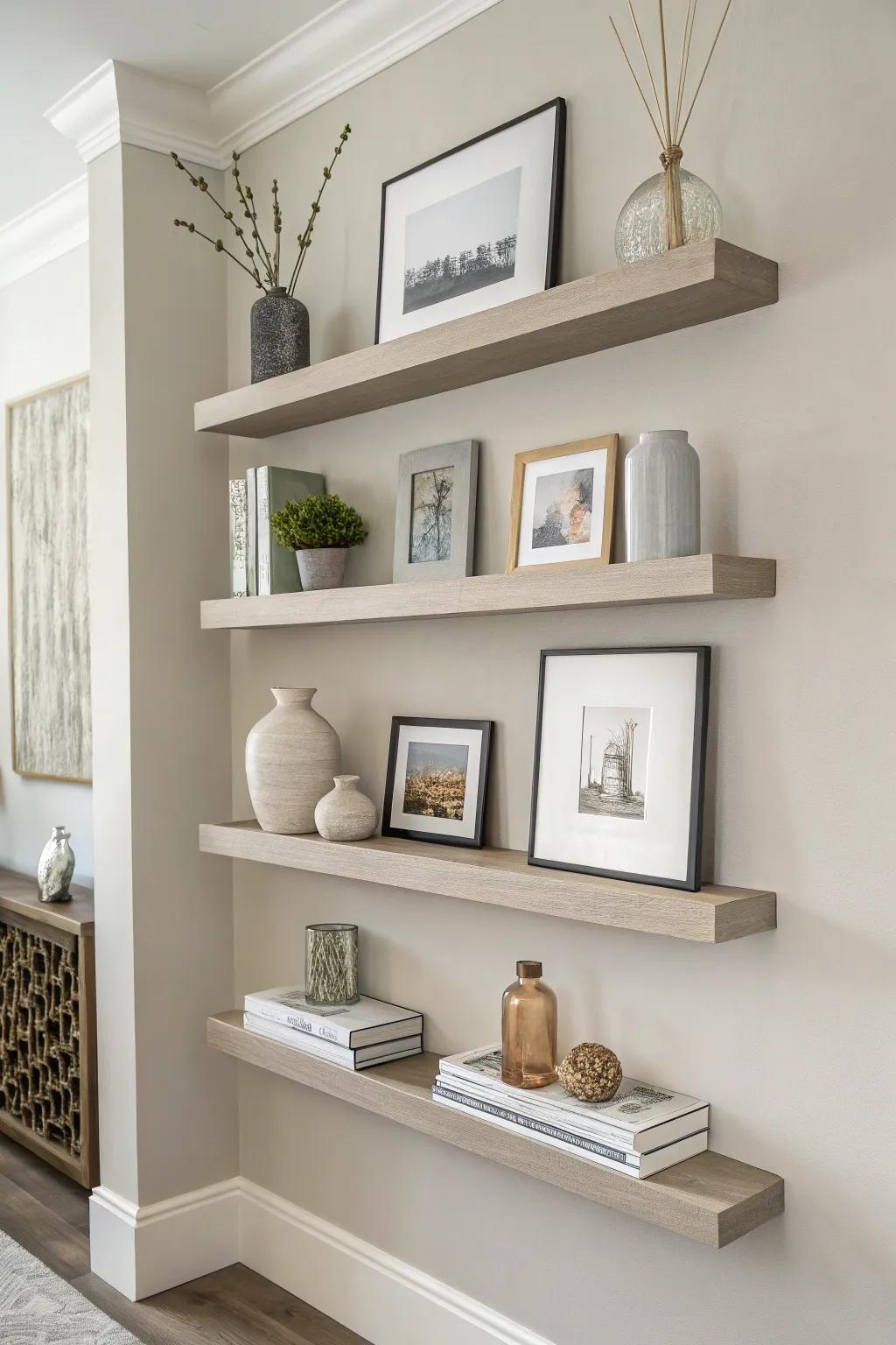 Floating shelves blend style and storage effortlessly.