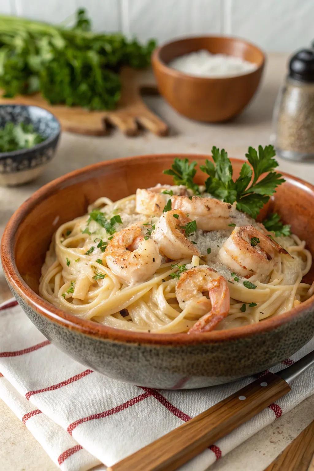 A decadent deluxe prawn pasta, ideal for an indulgent New Year's Day dinner.