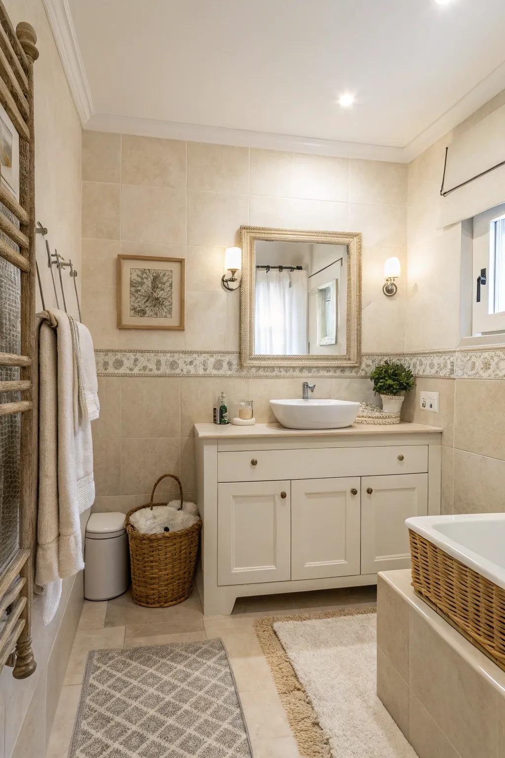 A calming bathroom with a neutral palette of soft whites and beiges.