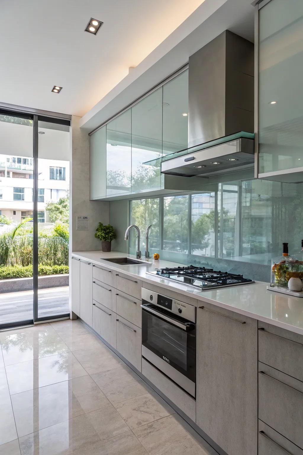 Glass panel backsplashes provide a modern and airy feel with easy maintenance.