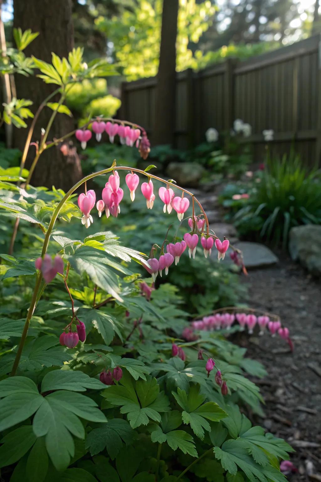Bleeding heart brings a romantic element with its delicate flowers.