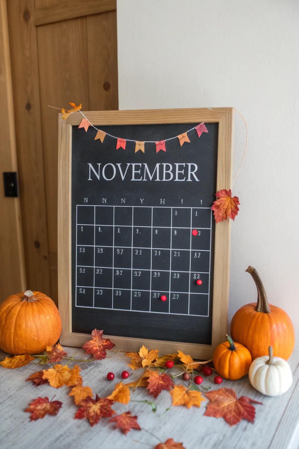A decorative and functional November schedule whiteboard.