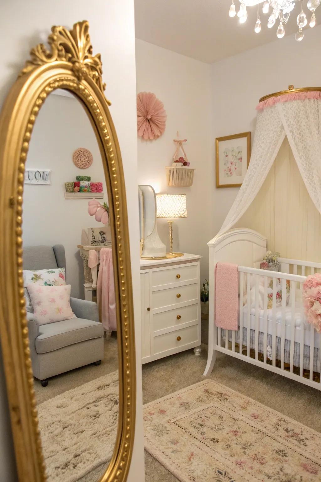 A gold-detail reflection brings a touch of luxury to this nursery.