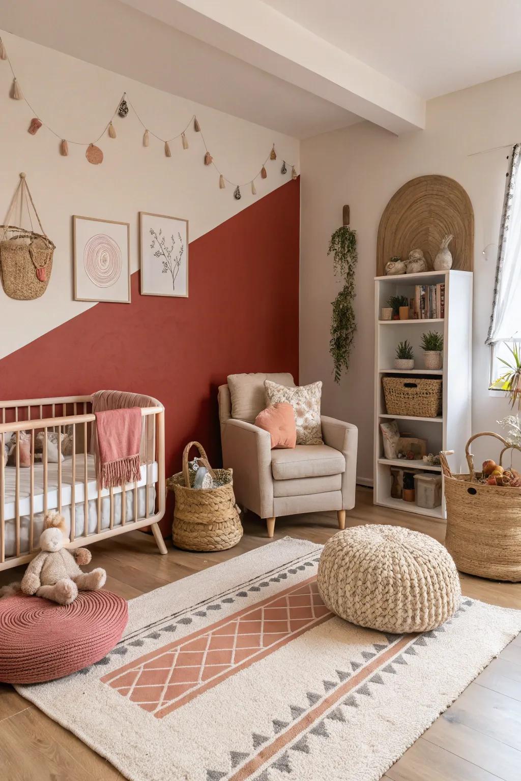 A nursery featuring earthy red accents for extra warmth.