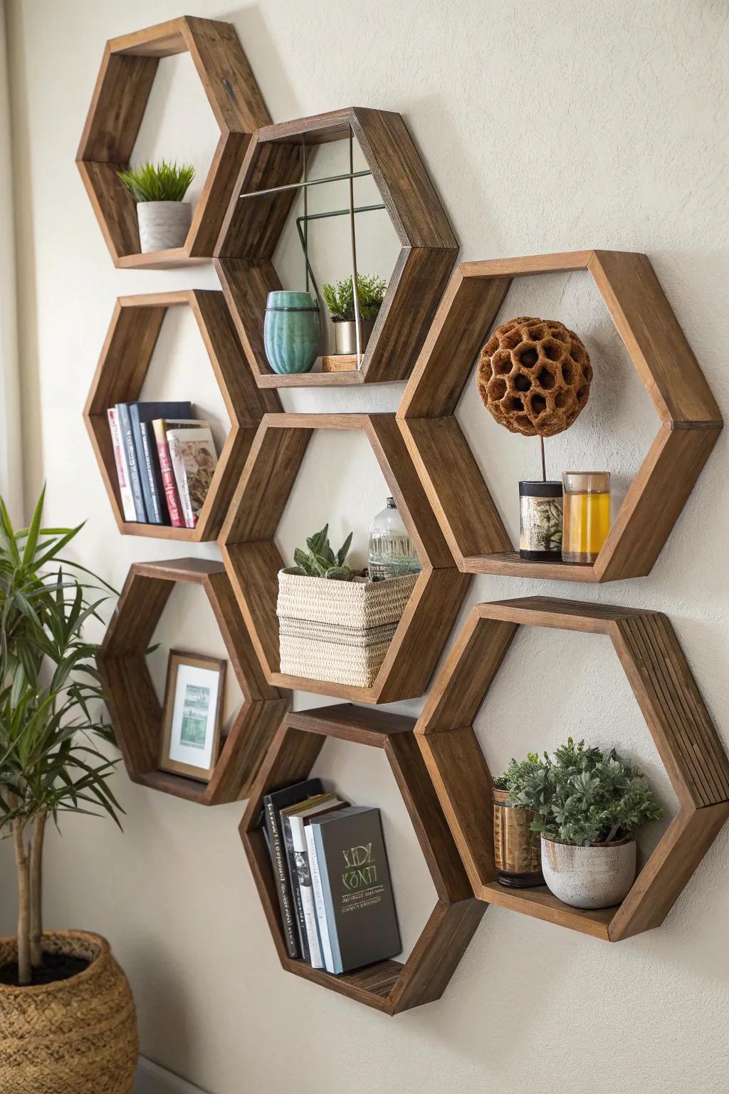 Layered octagon shelves add depth and dimension.