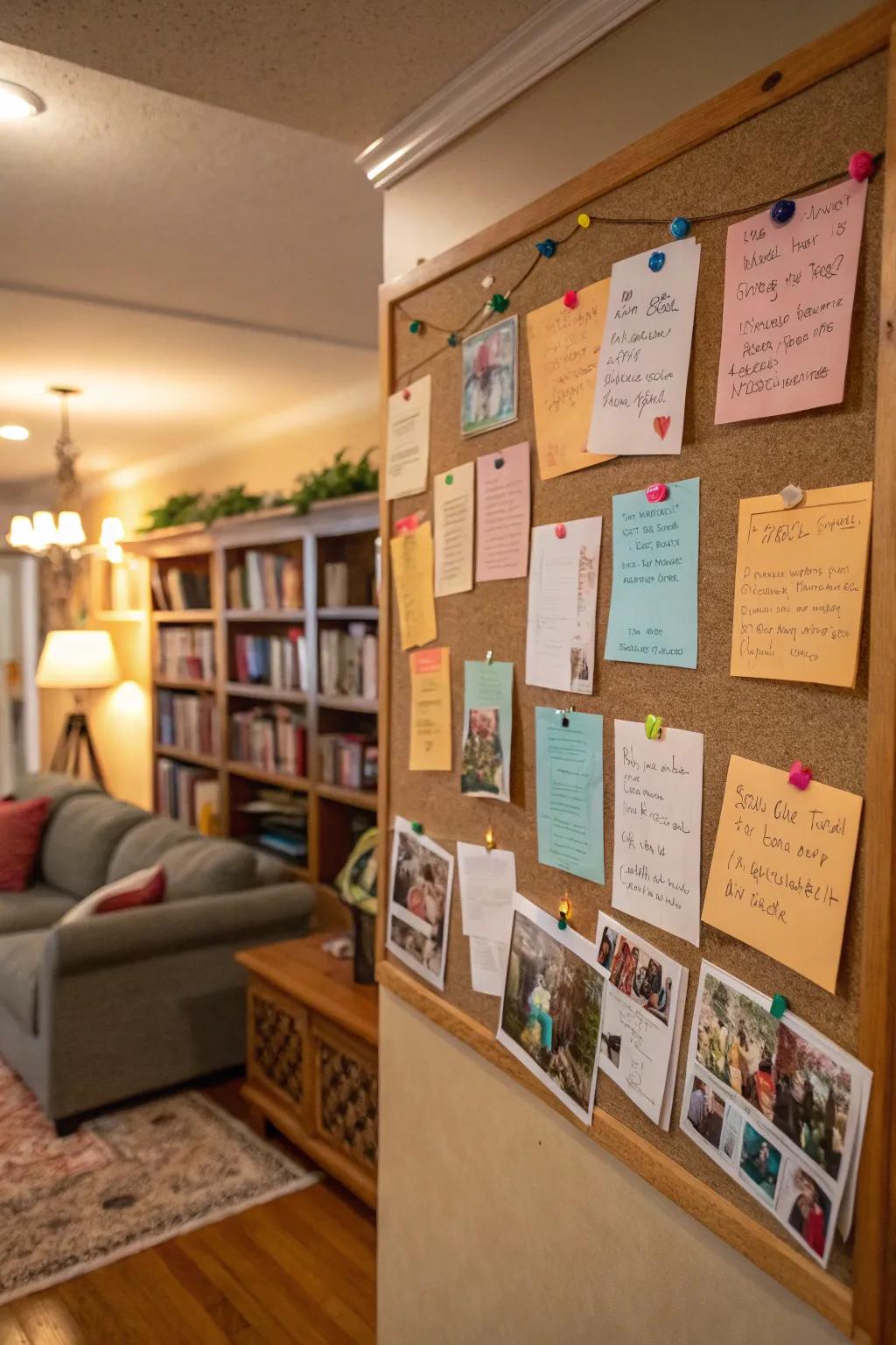 A family room bulletin board with an interactive gratitude corner.